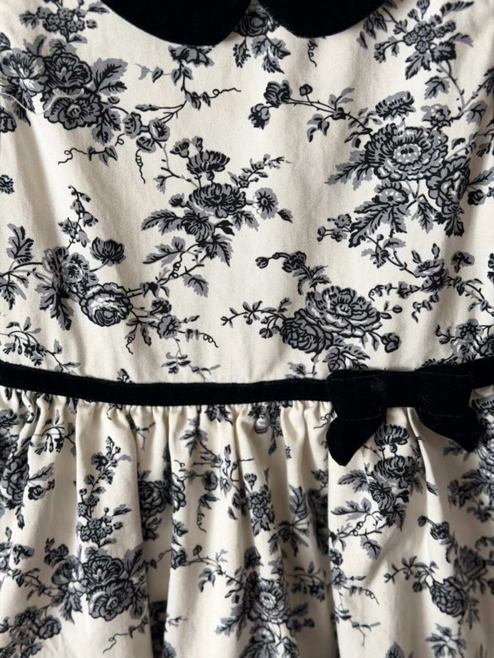 Janie and Jack Girls Cream and sugar Floral  toile Dress Black velvet Trim - Picture 4 of 11